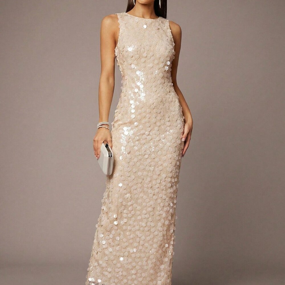 Apricot Party Women's Round Neck Fitted Sequin Patchwork Sleeveless Dress